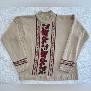 Vintage Valentine Sweater Embroidered Floral Large